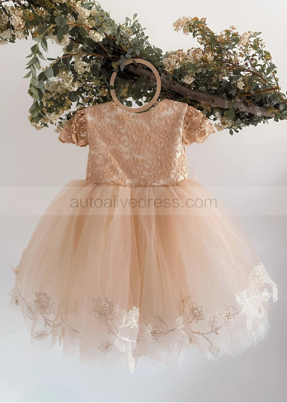 Cap Sleeves Tan Lace Tulle Stunning Flower Girl Dress